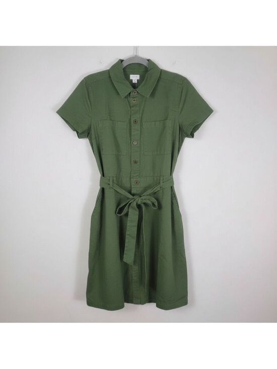 J. Crew Dresses & Skirts - J Crew Full Button Dress Olive Green Tie Waist Cotton Size 6